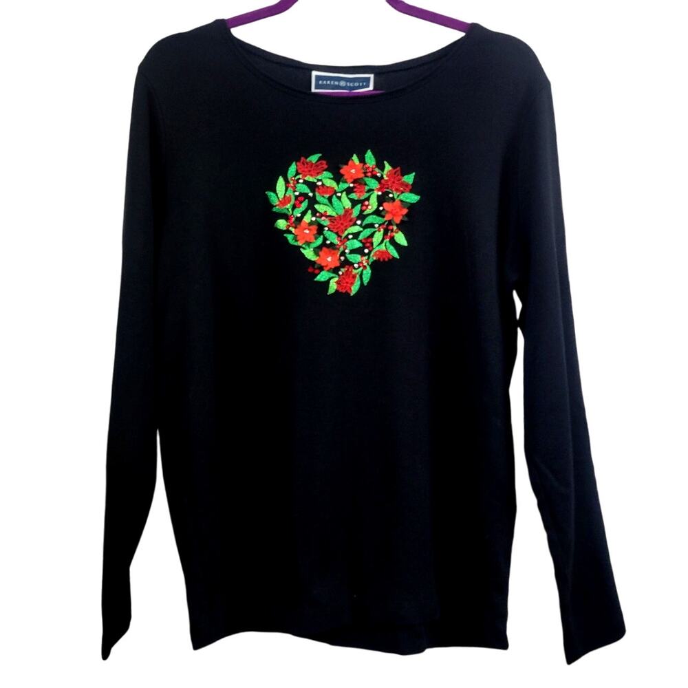 Karen‎ Scott Poinsettia Heart Black Long Sleeve Tee Size L